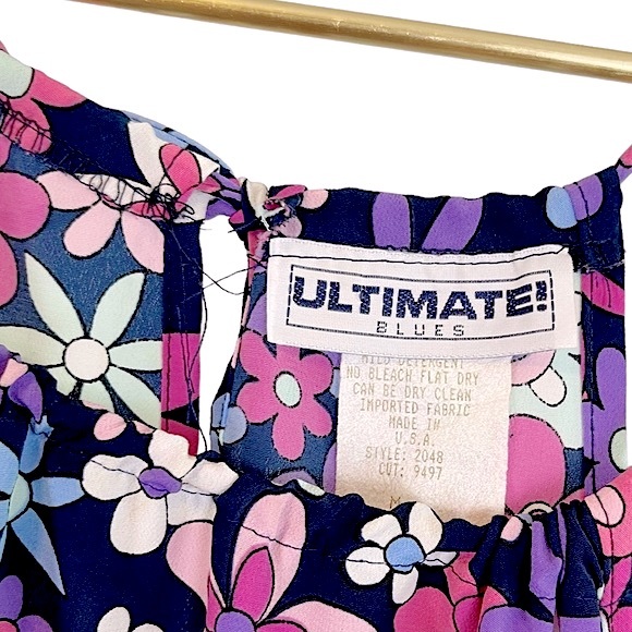 VINTAGE Y2K Mod Pink Purple Flower Power Print Drawstring Mini Dress - Picture 7 of 7